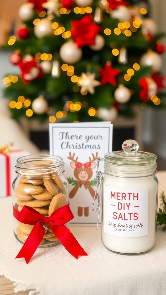 A collection of homemade Christmas gifts including cookies, a card, and bath salts on a decorated table.